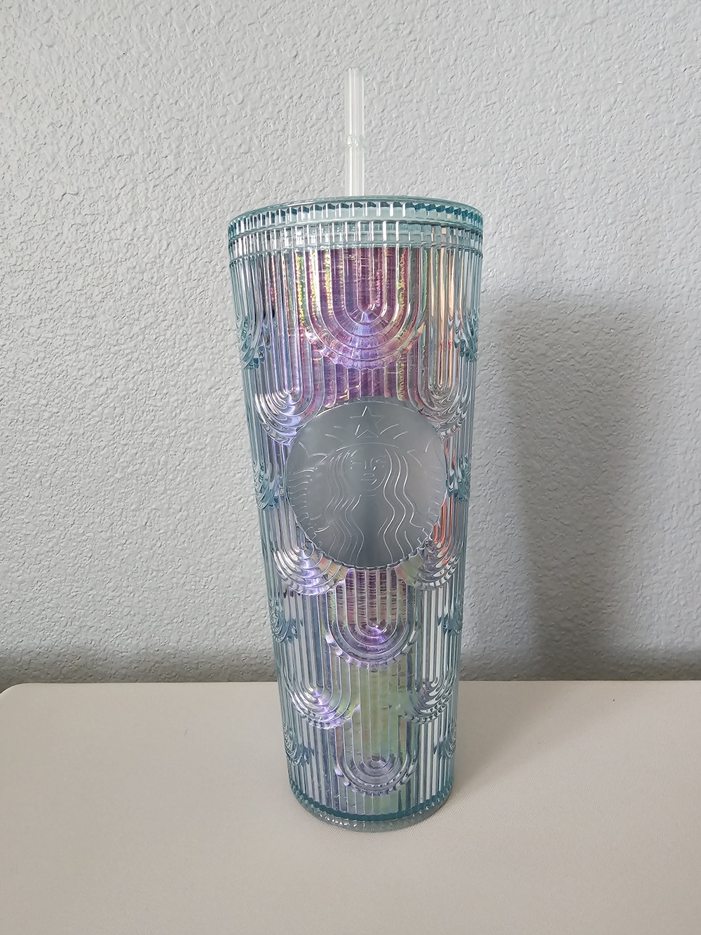 Starbucks Iridescent Aqua Ribbed Tumbler with Clear Straw